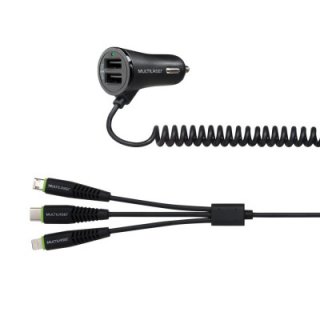 CARREGADOR+AUTO+CABO+ESPIRAL+2+PORTAS+USB%2FCB140%2FMULTILASER